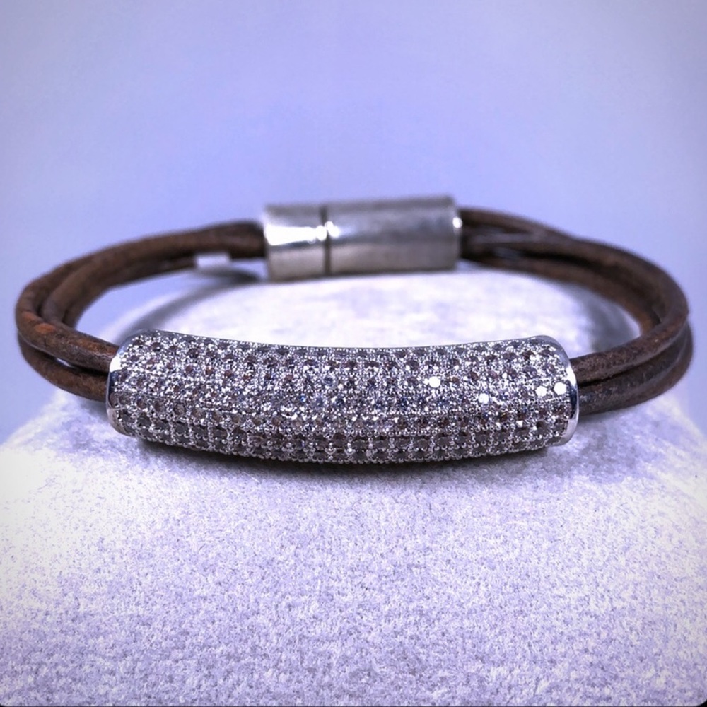 Clear Pave Rhinestone & Leather Bracelet